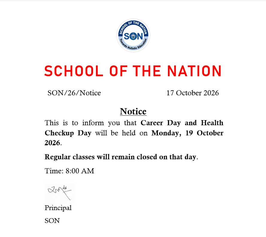 School of the Nation Career Day and Health Checkup Day Notice