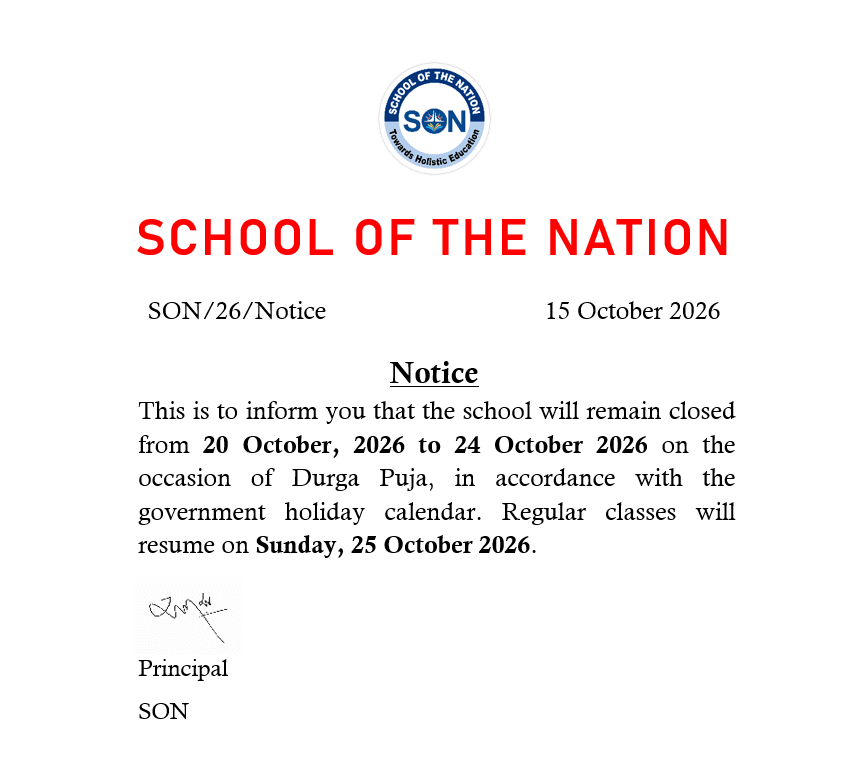 School of the Nation Durga Puja Vacation Notice 2026
