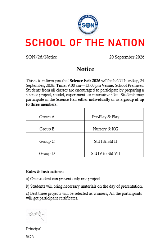 School of the Nation Science Fair 2026 Notice