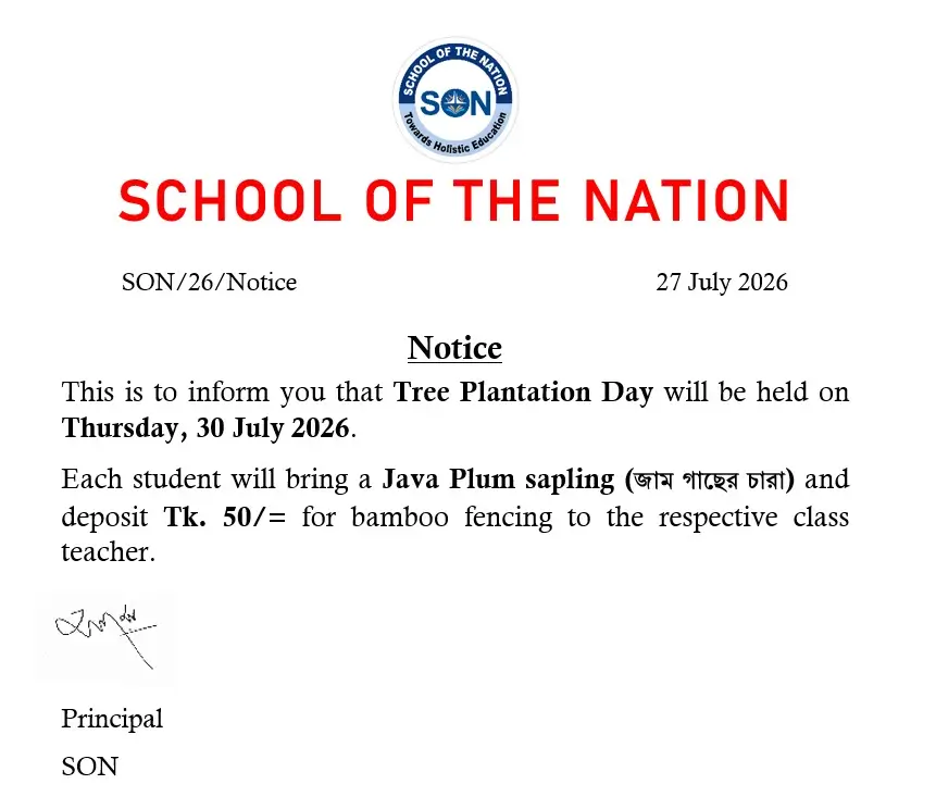 School of the Nation Tree Plantation Day 2026 Notice